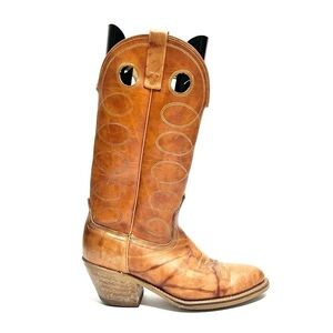 Vintage 1970s men's tan marbled leather mid calf keyhole cutout cowboy boots